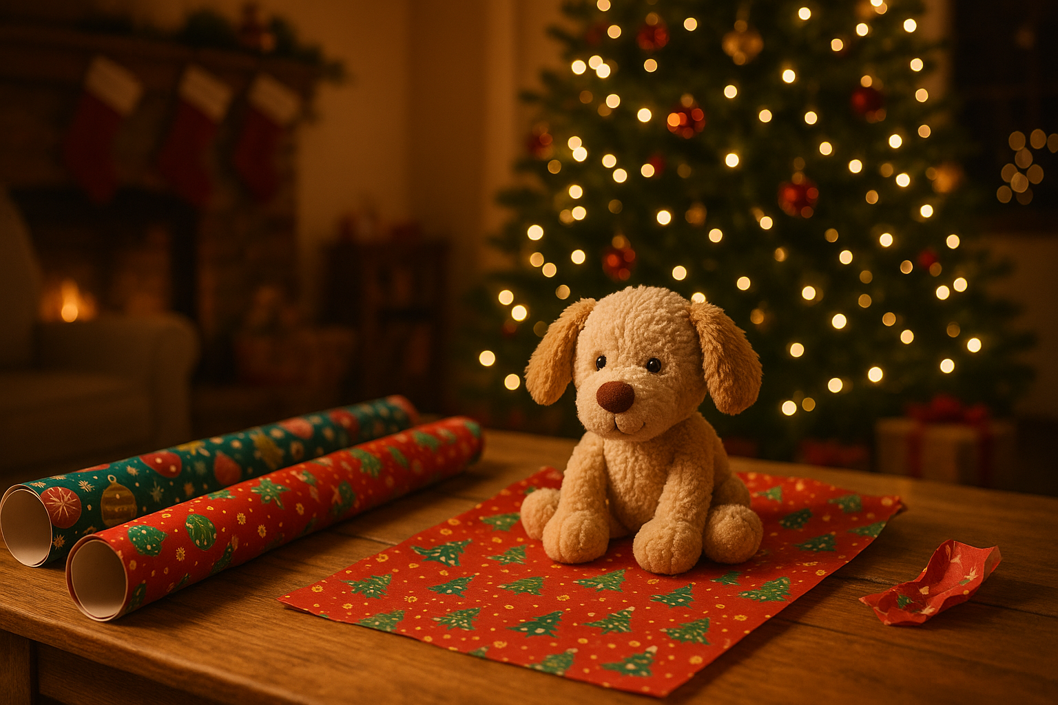 Un jouet qui n'est pas encore emballé, avec du papié cadeau sur la table ( pas de ciseau ) ambiance noel, sapin, cosy